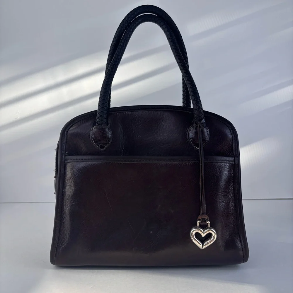 Vintage Brighton Brown Leather Silver Filigree Braided‎ Handle Handbag A162006